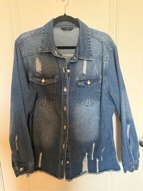 Distressed Blue Denim Button-Down Shirt Jacket - Unknown Brand